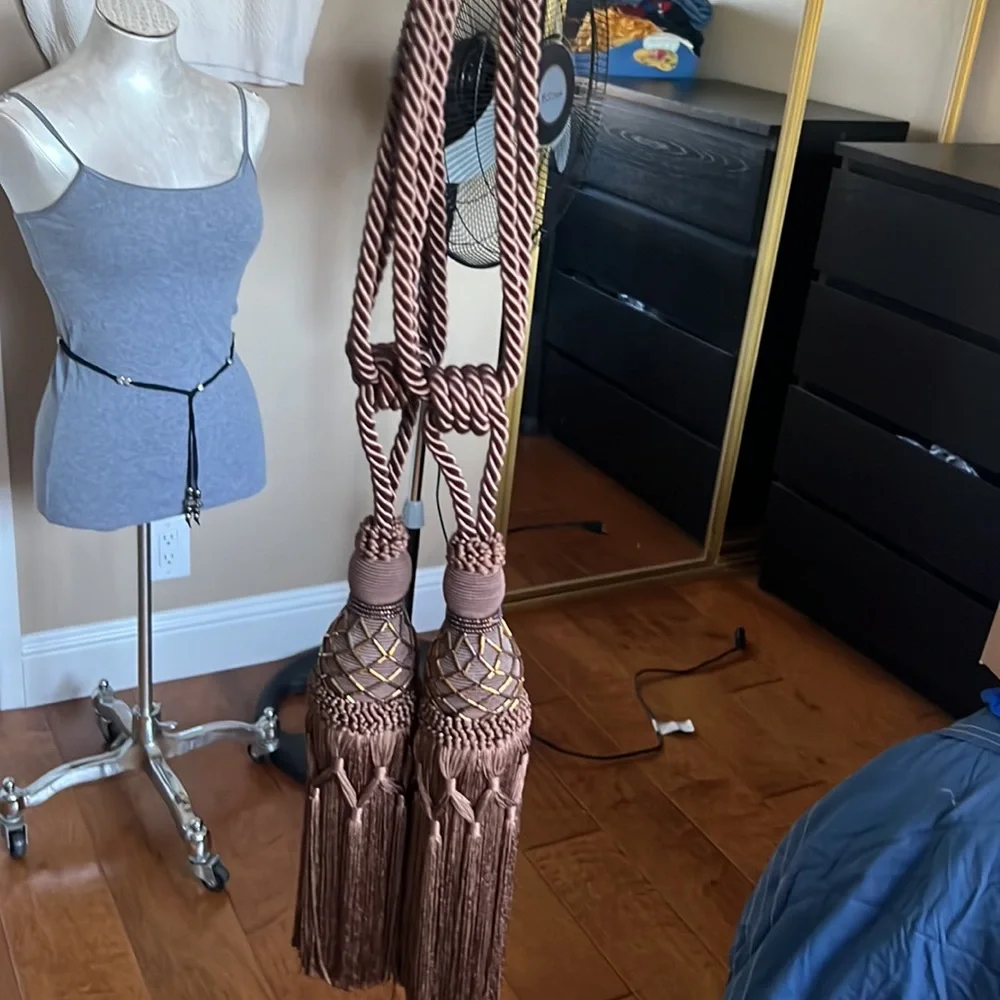 Set of 2 brown curtain tie tassels with copper beads detail approx 24” like new